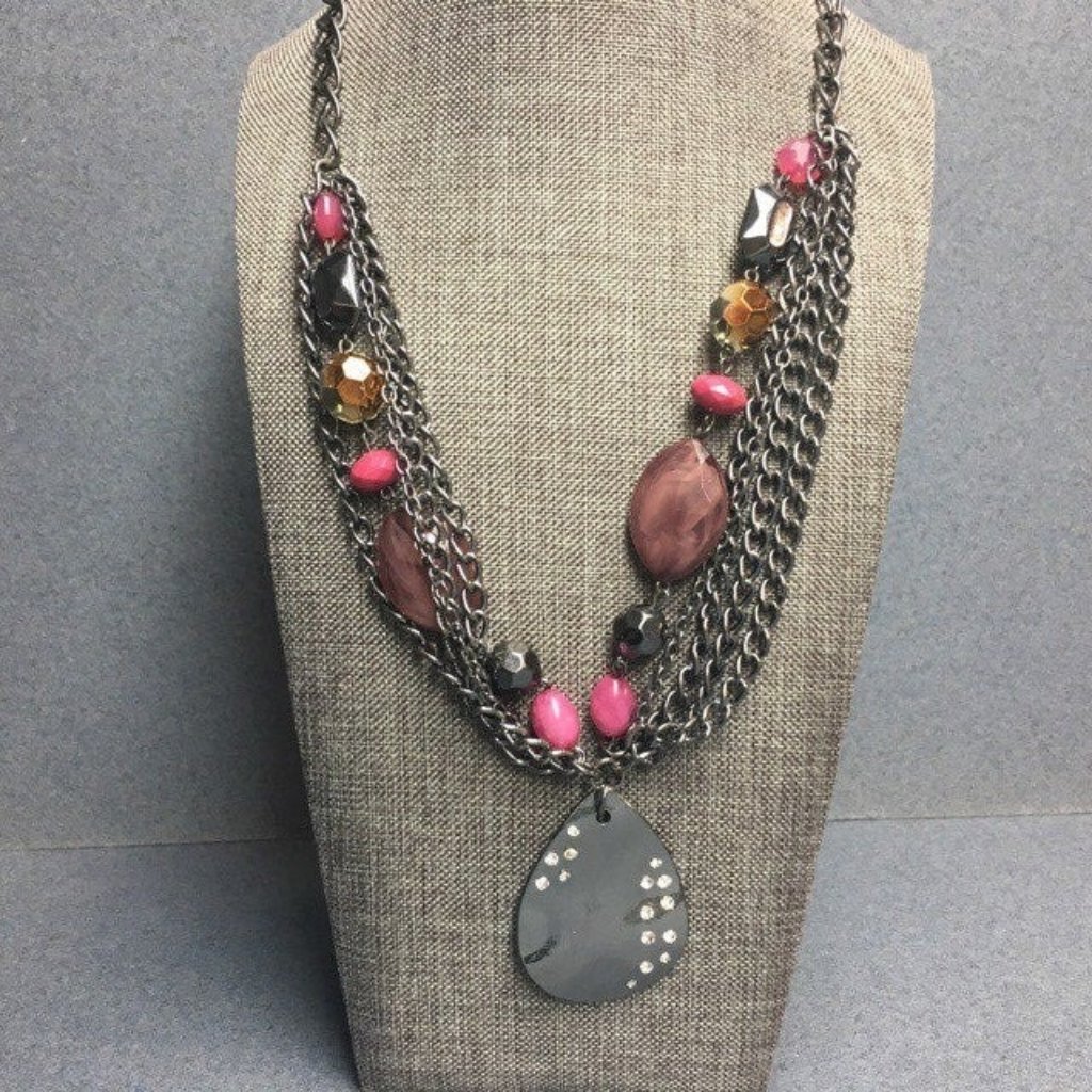 Ashley Stewart Pendant Necklace Pink Gunmetal Silver Multi Chain Teardrop Retro 18$